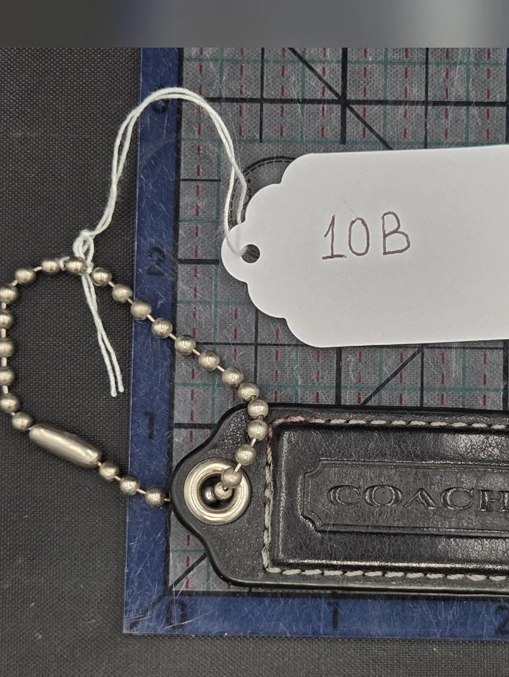 Coach Black Leather Stitched Tag Key Fob with Silver Chain - Picture 1 of 2